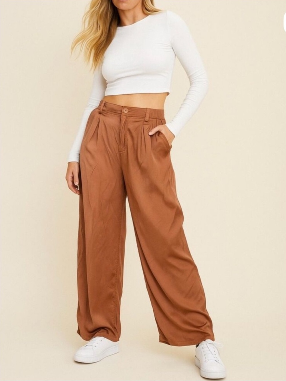 aerie Wide Leg High-Rise Pants in Rust Brown